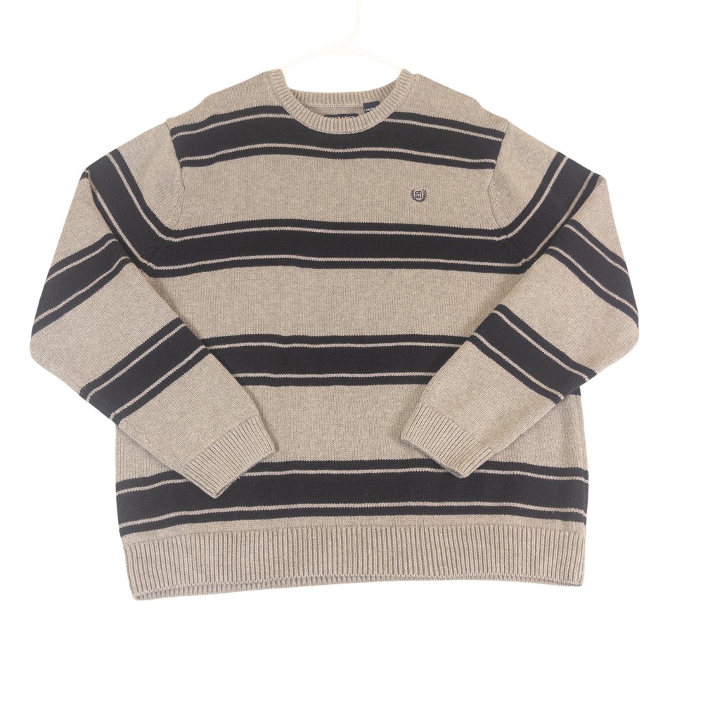 Chaps Mens XXL Gray Navy Striped 100% Cotton Knit Crewneck Sweater Crest Logo